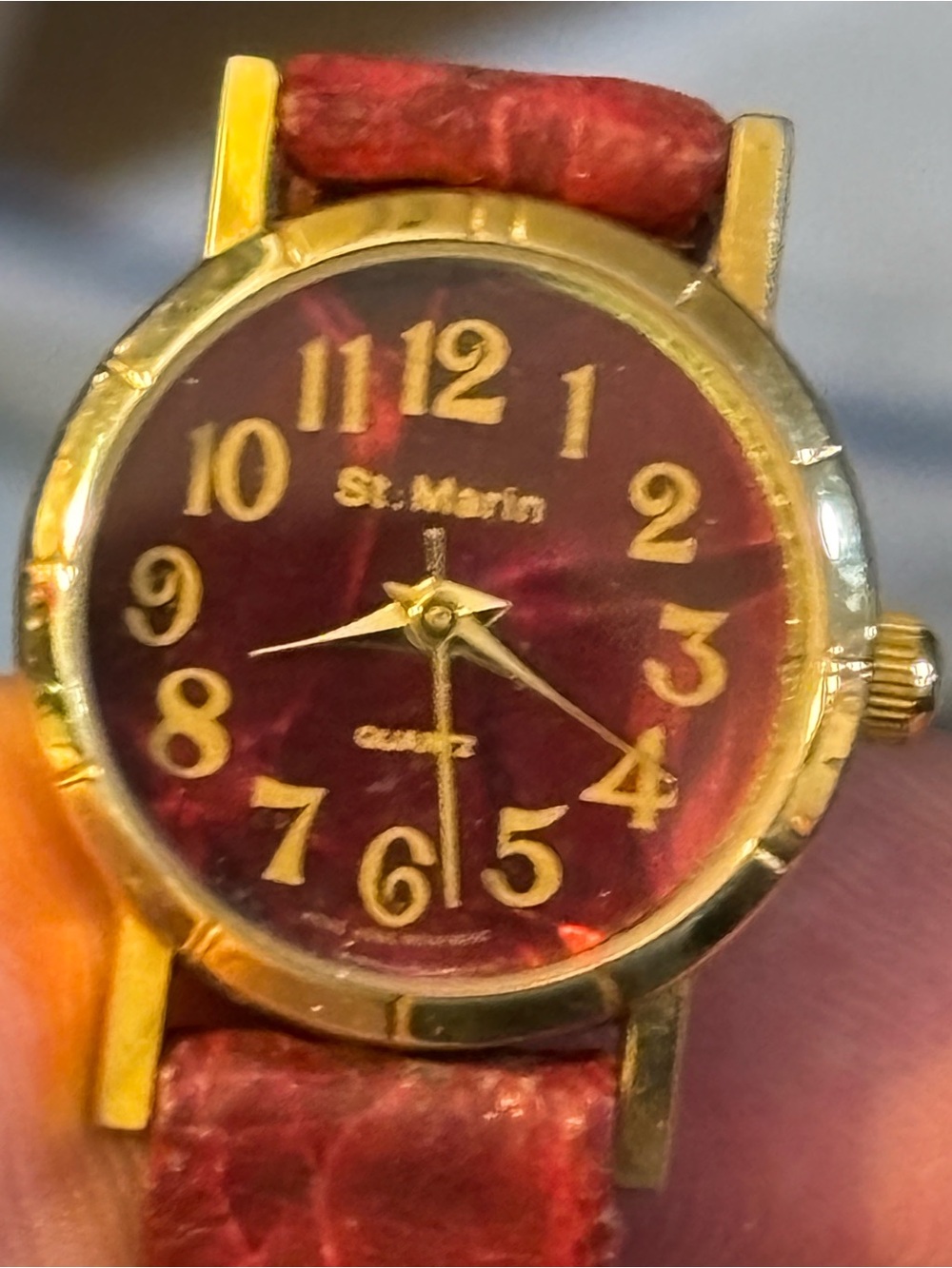 Women's Gold-Tone Watch with Red Dial and Red Leather Strap